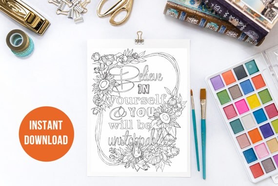 Items similar to Adult Coloring, Believe in Yourself Coloring Page ...