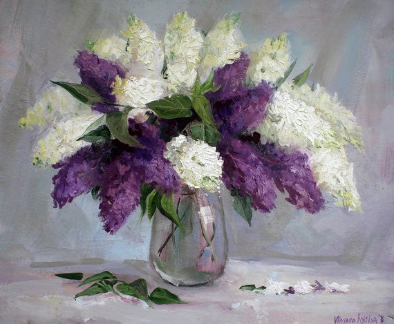 Bouquet lilac White lilac painting Original oil by KseniyaFineART