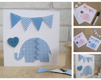 New Baby Card, Christening Card, Baptism Card, First Birthday Card, New Baby Boy / New Baby Girl Gingham Elephant Greeting Card