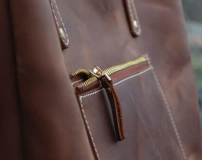Leather Tote Bag Zipper + Zipper Bag + Large Cognac Tote Handles + Zippered Tote Bag + Leather Tote with Zipper + Leather Bag + Laptop Bag