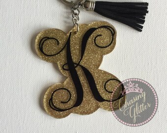 Acrylic keychain, keychain, initial keychain, letter keychain, vine letter, personalized keychain, monogram, glitter keychain, tassels