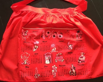 1966 Vintage New Never Used Red Half Calendar Apron Cotton
