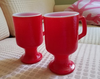 Anchor Hocking Fire King red pedestal mugs set of two milk glass coffee tea mugs