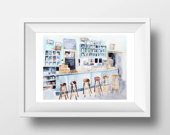 Wall Art Watercolor Luke's Diner Interior Print,Gilmore girls,Lorelai and Rory,Tv Show Poster,Luke's Diner,Gilmores,WatercoloCafe,Luke Danes