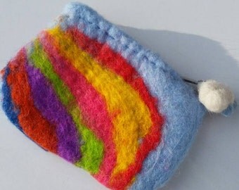 Rainbow wet felted coin purse with needle felted rain cloud charm.