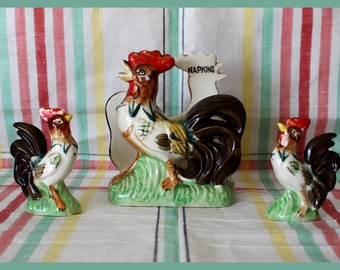 50's Rooster Napkin Holder, Salt & Pepper Shakers - Vintage 3 piece Ceramic set by Lipper Mann - Japan