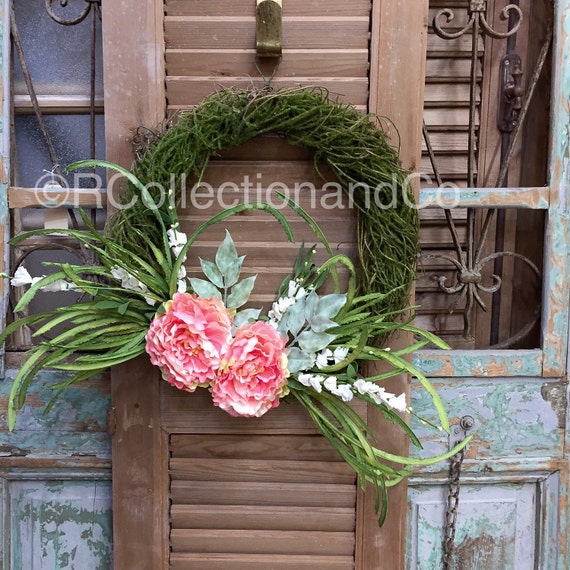 Peachy Pink Peony Faux Moss Vine Wreath Door by RcollectionandCo