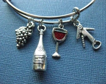 Wine Bangle - Wine Charm Bracelet - Wine Jewelry - Charm Bracelet - Bangle - Wine Lover - Wine Enthusiast -- B103