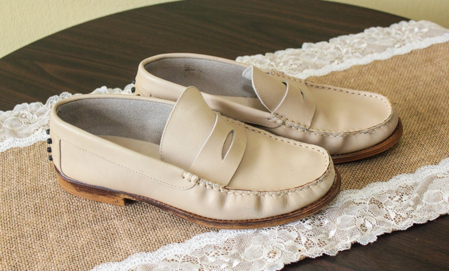 Vintage Men's Summer Loafers Leather Deck Shoes Beige