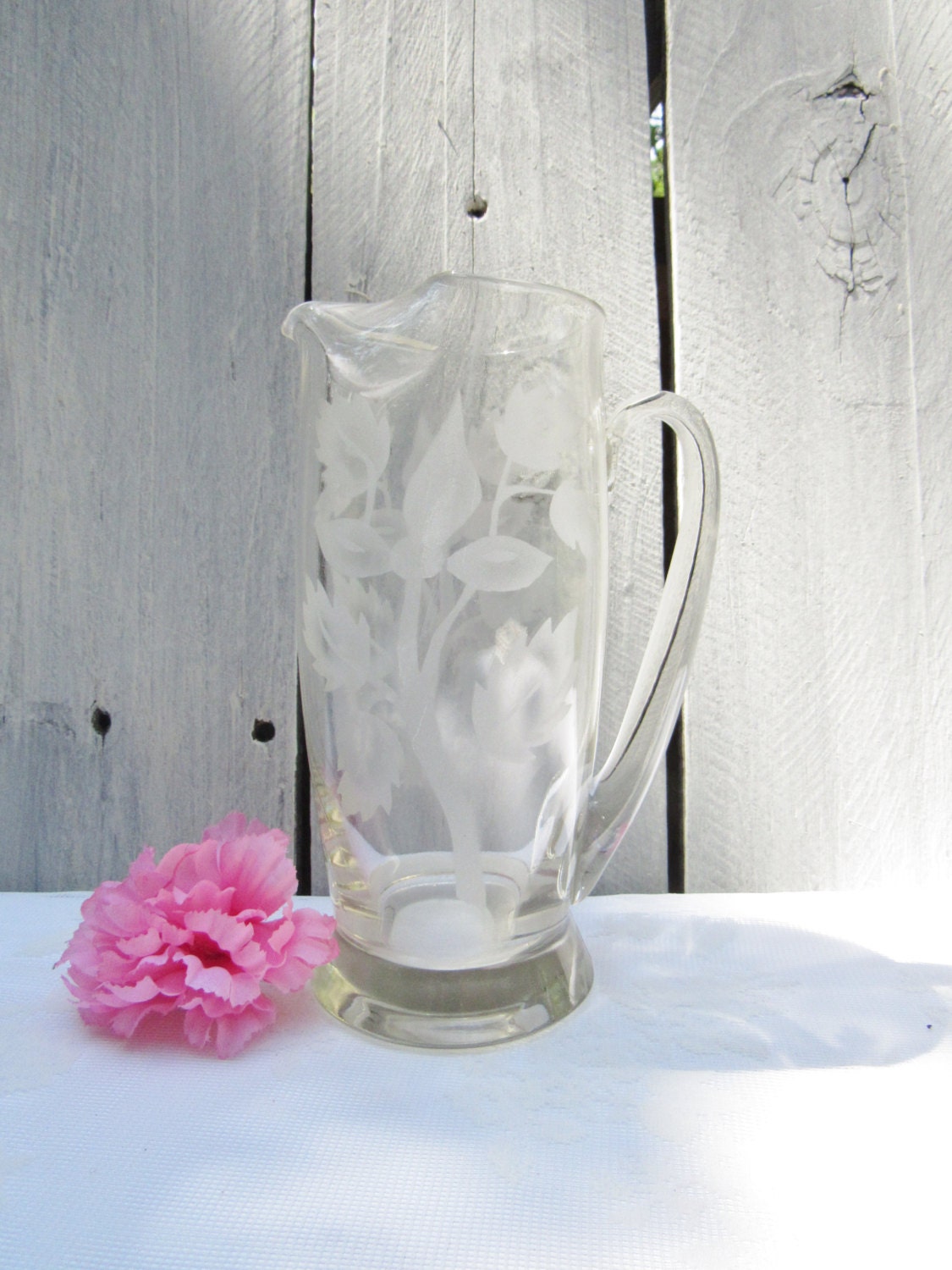 Clear Glass Pitcher with flowers etched stenciled frosted