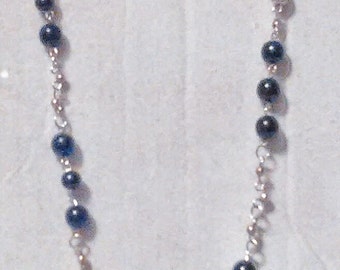 Opera Length; Black Glass Bead and Silver Bead Necklace