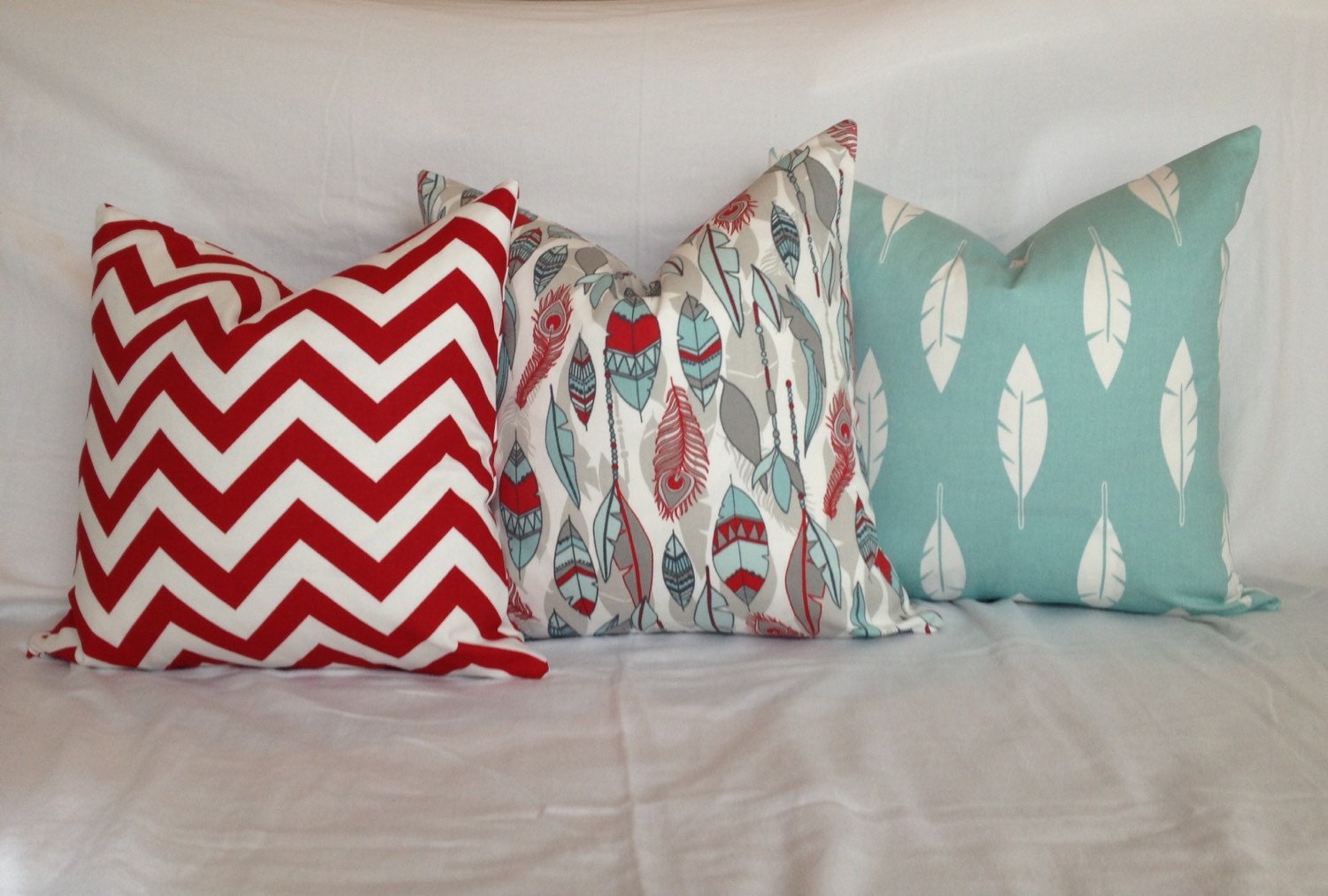 Couch Pillows Red and Light Blue Decorative Throw Pillows