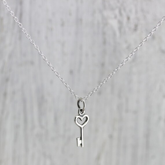 Tiny Key Necklace Tiny Sterling Silver Heart by TNineandCompany