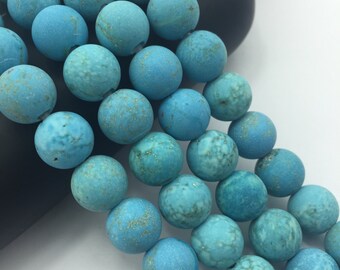 2.0mm Large Hole Matte Blue Turquoise Round 10mm/8mm Semi-Precious Gemstone Loose Beads Approximate 15.5 Inch. R-M-L-TUR-0296