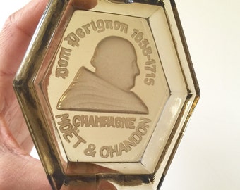 Rare Antique vintage Art Deco Dom Perignon smoked glass ashtray. Stamped glass collectible.