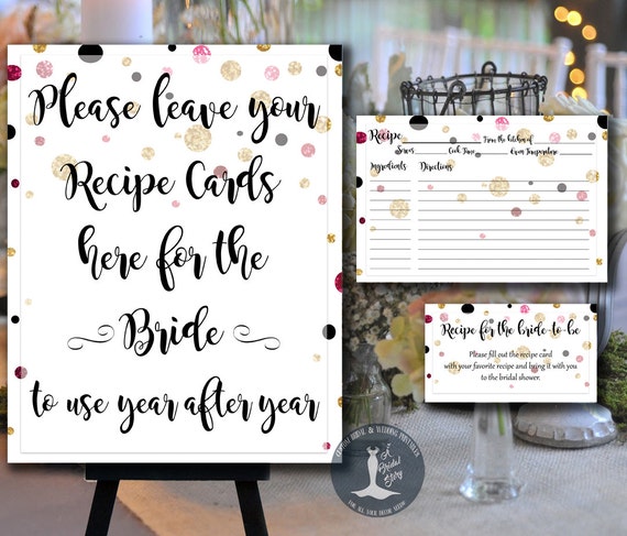 Bridal Shower Recipe Cards Inserts and Sign Printable Pink