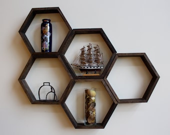 Wooden Honeycomb Hexagon Shelves, Handmade Wall Decor Sets, Rustic Hanging Shelves, Geometric Shelving