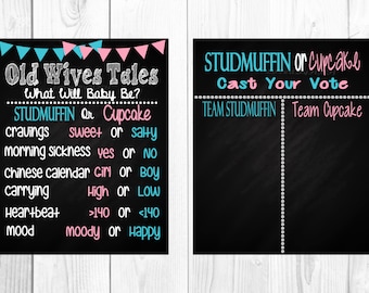 Gender Reveal, Old Wives Tales, Gender Reveal Chalkboard, Voting Chalkboard, Gender Reveal Party, Studmuffin or Cupcake, Instant Download
