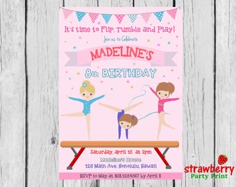 Gymnastics Birthday Invitation, Tumble Party Invite, Gym Girl Pink, Custom Invitation NOT Instant Download