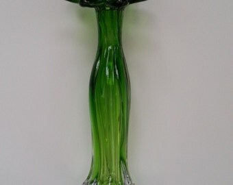 Vintage Glass, Green, Bud Vase, Flowered Rim , Heavy, 10" Tall