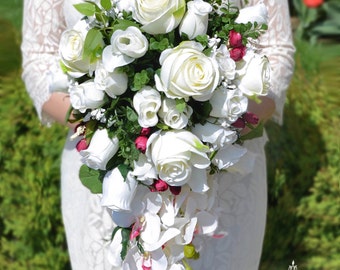 Cascading Wedding Bouquet, White Bridal Bouquet, Silk Roses Bouquet, Silk Flowers, Wedding Flowers