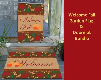 Welcome Fall Garden Flag with Matching Fall Doormat - For Indoor or Outdoor Use.