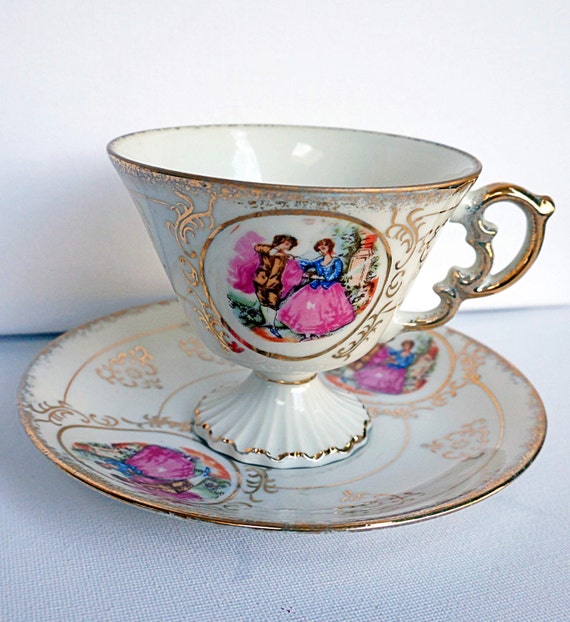 Vintage French Tea Cup and Saucer with Courting Couple Cameo