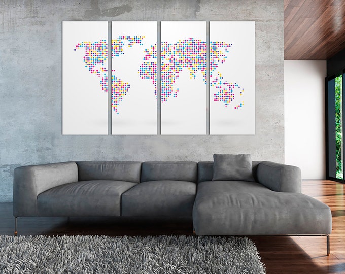 Motley Dotted World Map Canvas Print, Abstract Map wall art, Modern Map \ 1,3,4 or 5 Panels on Canvas Wall Art for Home & Interior design