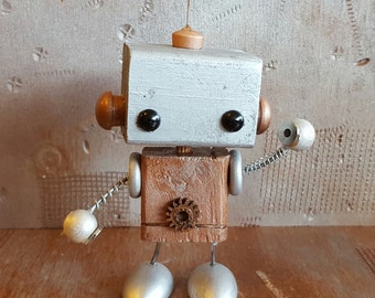 Items similar to Orange Miniature Wooden Robot with a Book and a Light ...