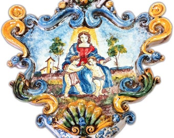 Holy water font ceramic Caltagirone Virgin Mary with baby Jesus