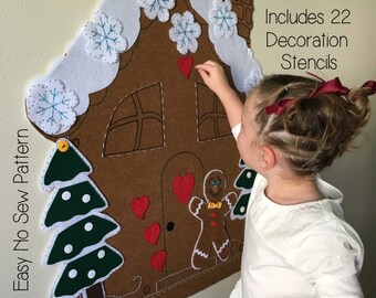 Kids Christmas Activity - Felt Gingerbread House PATTERN - Felt Christmas Tree - No Sew DIY Easy Craft Printable PDF - Decorate Toy