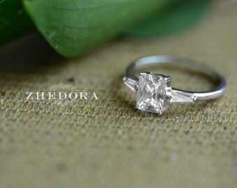 Emerald Cut Engagement Ring 2.0 CT Simulated Diamonds Rectangular Shaped Multi Stone Bridal Ring Sterling Silver Rhodium Plated 0HBGR00889