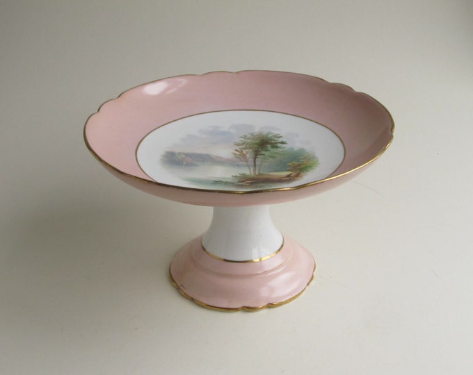 Handpainted Cake stand, 19th Century Serving Plate Platter, vintage pedestal stand fruit dish, pale baby pink with gold accents