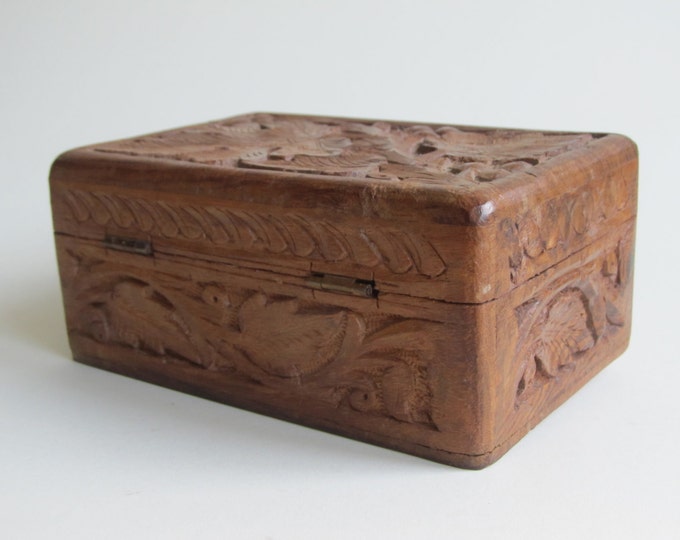 Vintage carved wooden box, Black Forest office storage desk tidy business card box, wine leaf pattern jewelry box, trinket box, stowage
