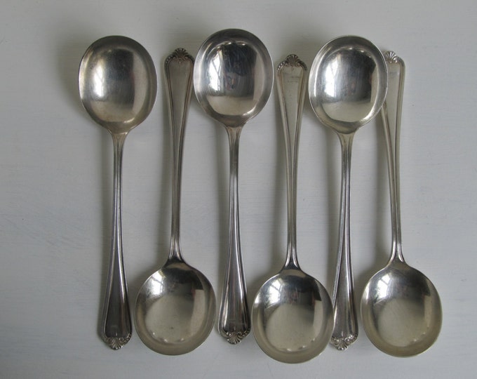 Set of 6 Silver plated serving spoons, Old Sheffield plate collectable cutlery flatware soup spoons, Pinder Bros A1 cutlery