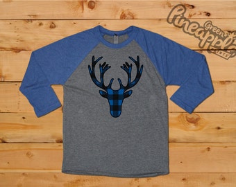 Buffalo Plaid Deer Silouhette Ladies 3/4 Sleeve Raglan Christmas T-Shirt