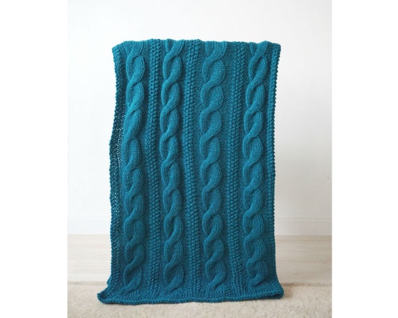 Cable Knit Woollen Blanket, 110x150cm, Teal Hand Knit Throw, Handmade Blue Blanket, Blanket, Housewarming Gift, Family Gift, New House Gift