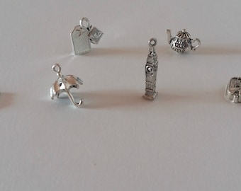 London charms / london themed / london set / UK charms / england charms / crown / umbrella / teabag / Big Ben / teapot / london bus / queen