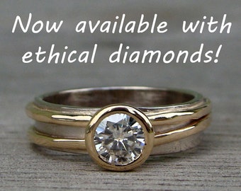 Conflict Free Diamond Engagement Ring - Lab Created Diamond, Recycled 14k Yellow Gold, and Recycled 18k Palladium White Gold - Made to Order