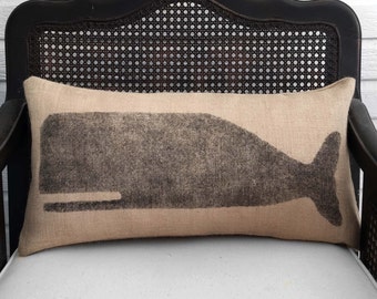 Cachalot Whale - Burlap Pillow - Nautical Decor Whale Pillow