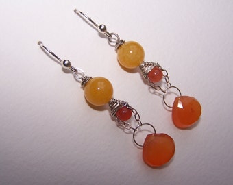 Yellow Aragonite, basketweave Agate, Carnelian briolette-sterling silver chain dangle earrings