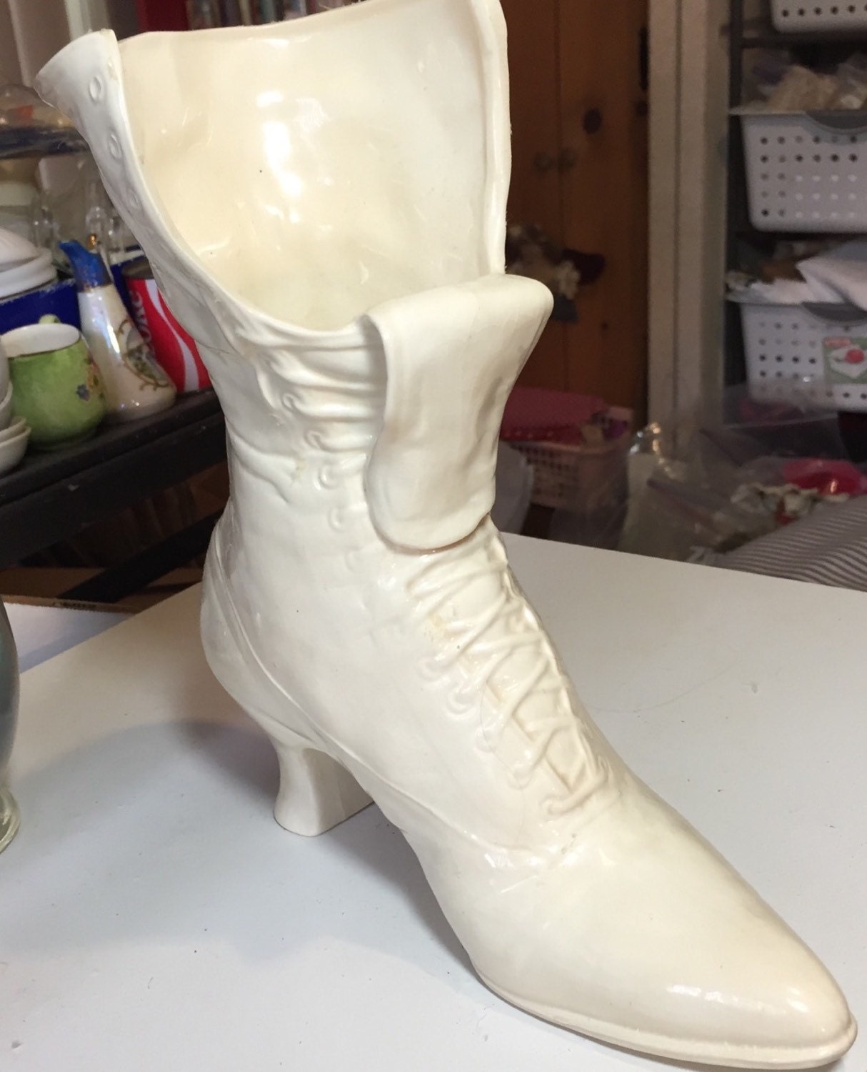 10 inch vintage ceramic ladies boot vase