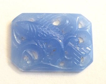 Vintage glass blue carved stone raised carved Koi fish motif 25 x 19mm flatback Japanese (1)