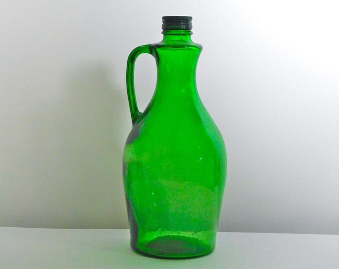 Tall Green Glass Jug Bottle Handle Half Gallon Vintage Screw Top Cap