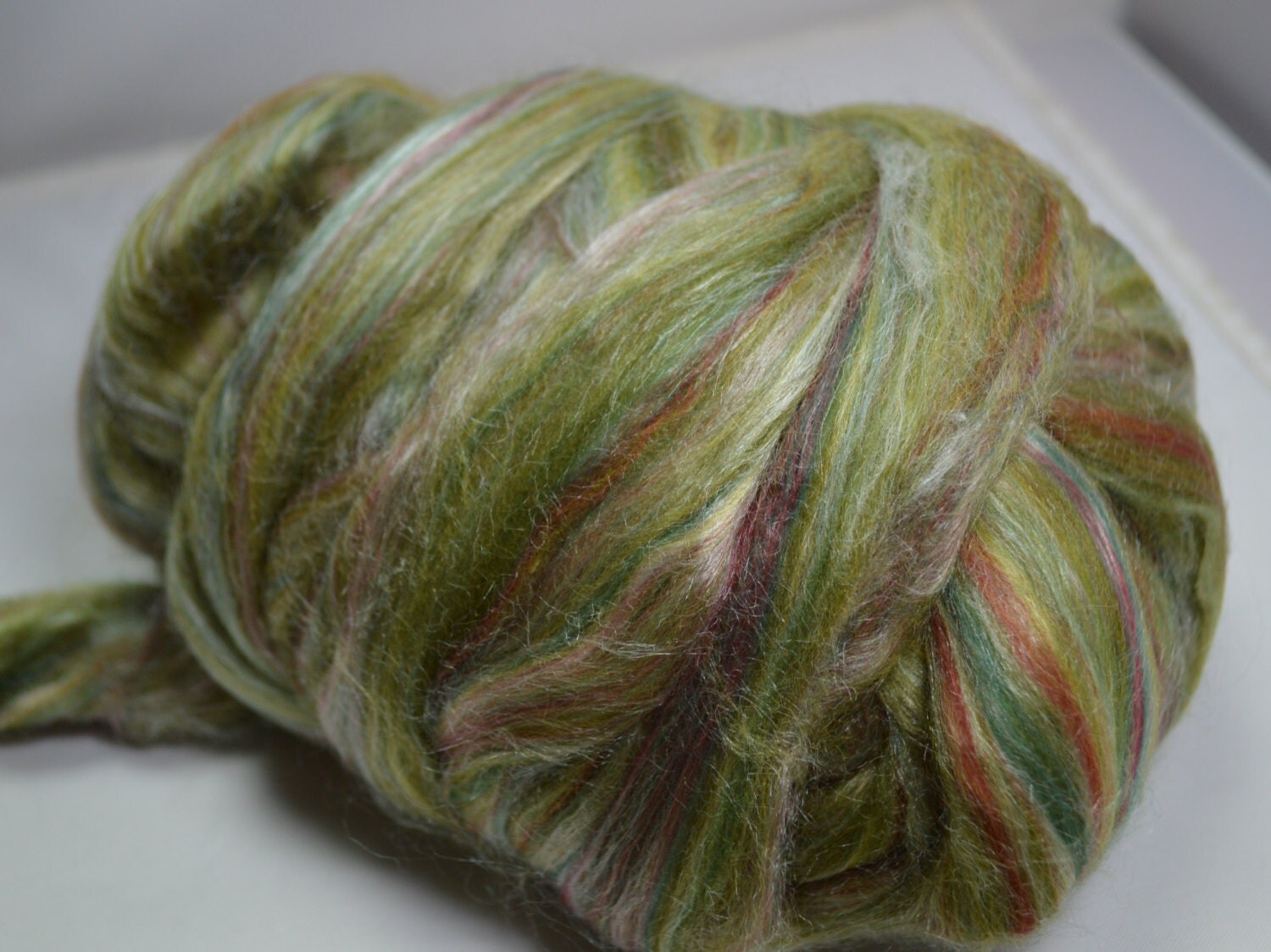 Merino and Tussah Silk, Green varigated, wool, silk, merino, roving