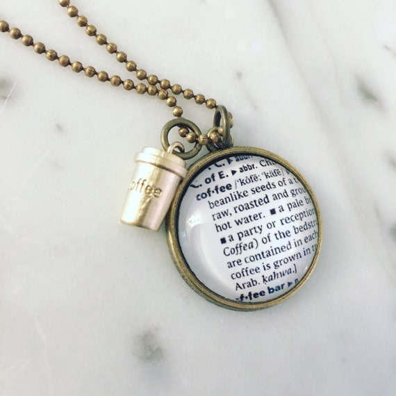 Coffee Definition Charm Necklace Personalized Brass Map