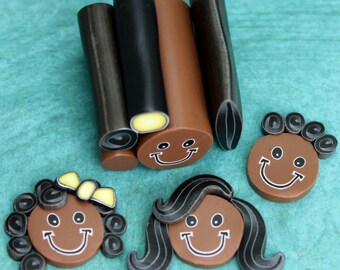 Set of 5 Polymer Clay Canes -Simple Face and Black Hair, 1" length -Skin tone B (10A)