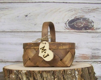 Flower Girl Basket with Wooden Heart, Personalized Wedding Basket, Market Basket, Barn Wedding, Rustic Wedding