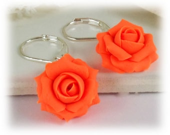 Neon Orange Rose Dangle Earrings - Neon Orange Flower Drop Earrings