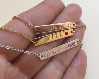 Bridesmaids Gift Idea Personalized Birthstone Necklace Custom Hand Stamped Bar Necklaces Three Finishes Available